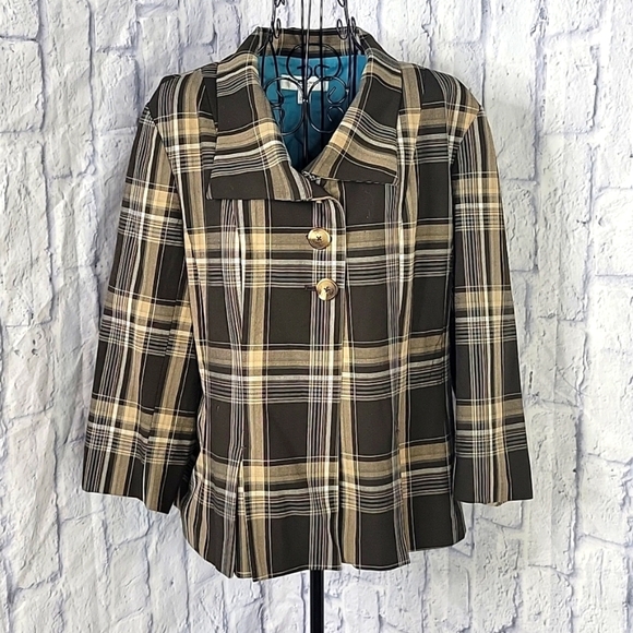 ISAAC MIZRAHI Blue, Tan, and Brown Plaid Jacket Size 16‎ - Picture 1 of 7